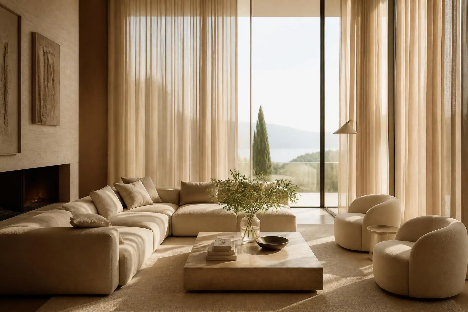 Sala de estar com cortinas de linho sob medida e luz natural