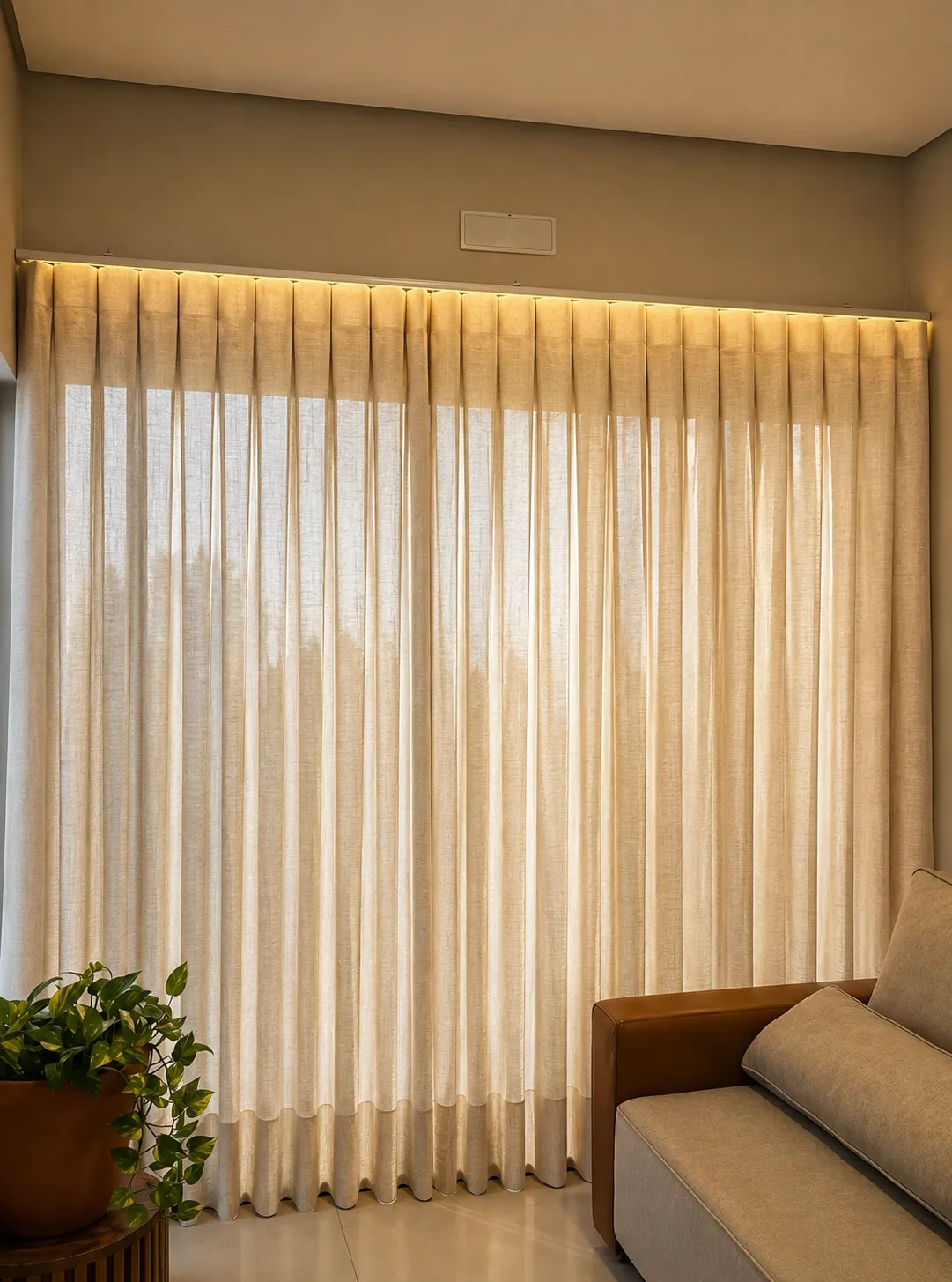 Cortina em linho plissada em sala de estar residencial